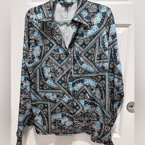 Boston Proper Sophia Charmeuse Blouse in Teal & Pine Paisley